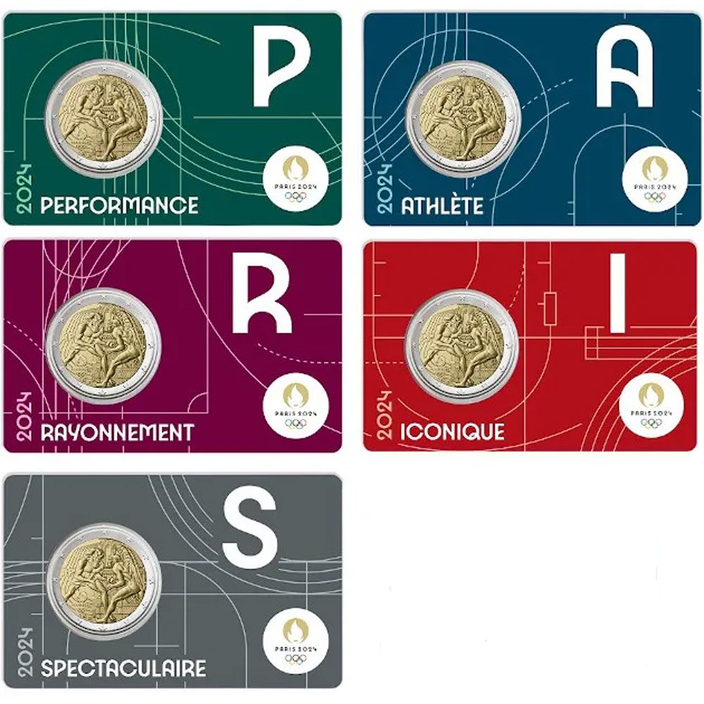 moneda 2 euros Francia 2024 Olimpiada Paris 2024. 5 coincards  - 1