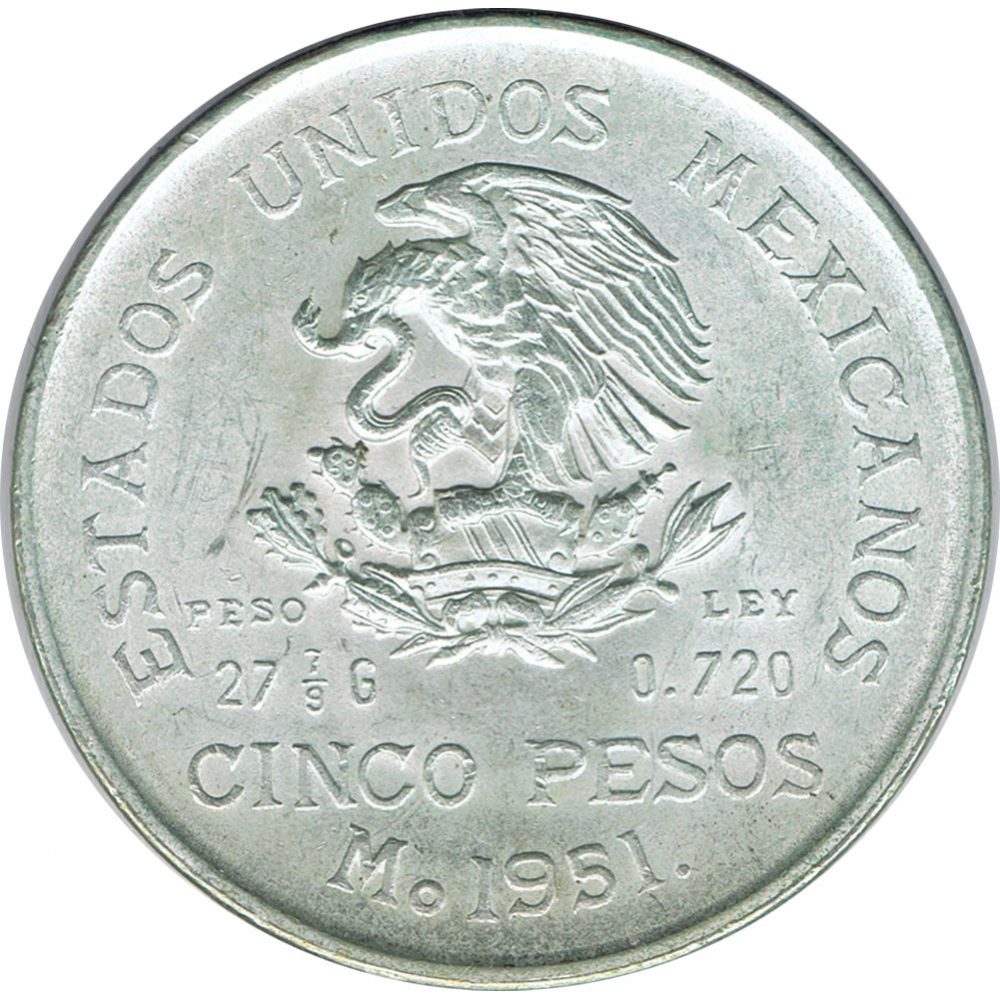 Moneda de Mexico 5 pesos 1951. Plata. Hidalgo  - 1