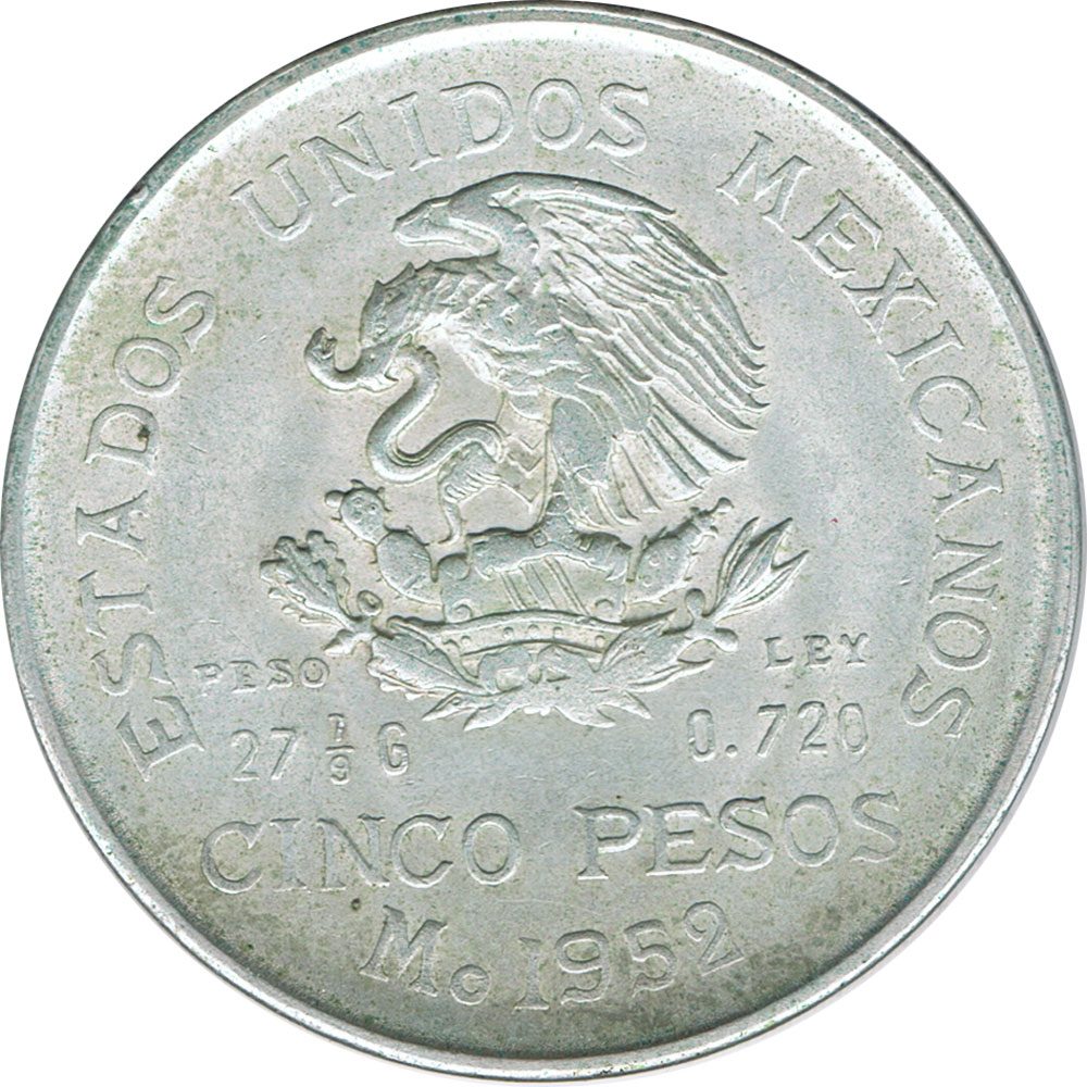 Moneda de Mexico 5 pesos 1952. Plata. Hidalgo  - 1