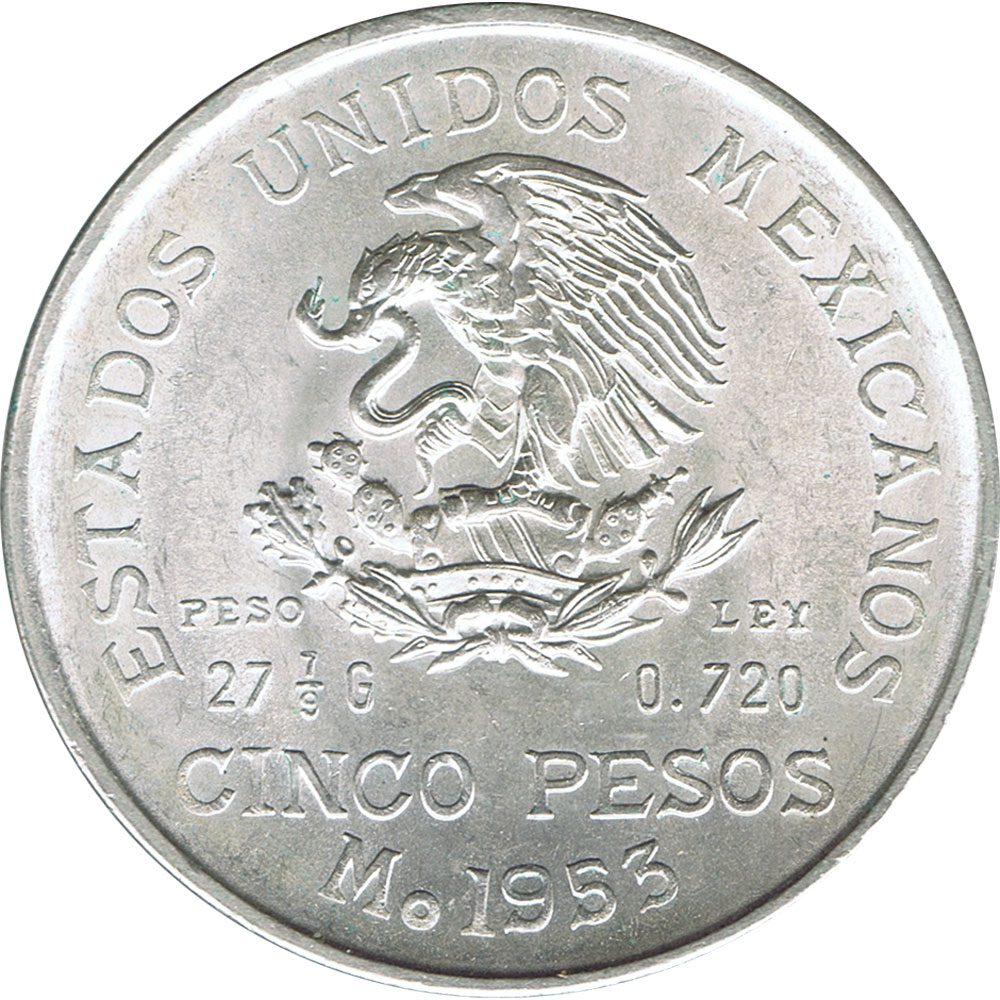 Moneda de Mexico 5 pesos 1953. Plata. Hidalgo  - 1