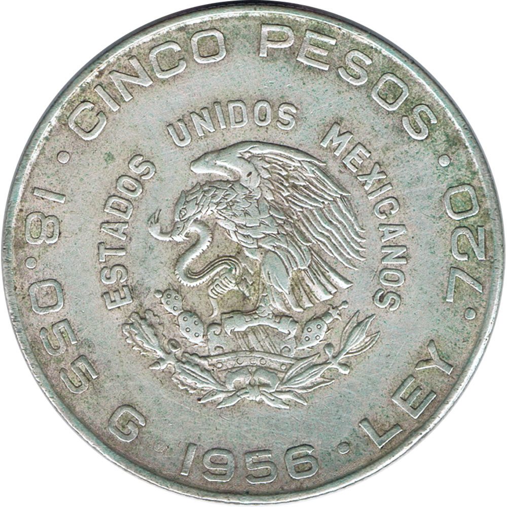 Moneda de Mexico 5 pesos 1956. Plata. Hidalgo  - 1