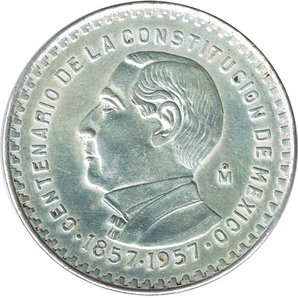 Moneda de Mexico 1 peso 1957. Plata. Centenario Constitución  - 1