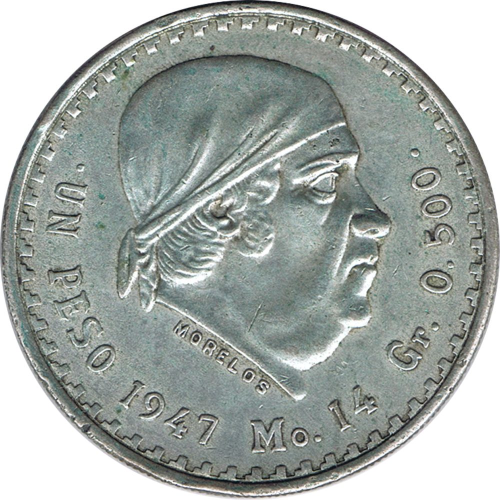 Moneda de plata 1 peso Mexico 1947 Morelos  - 1