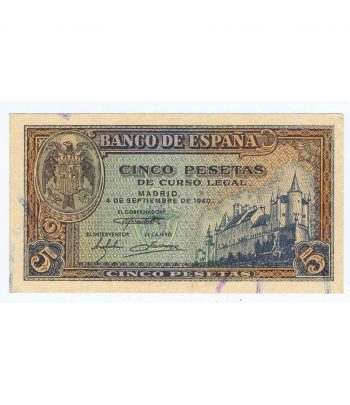 (1940/09/04) Madrid. 5 Pesetas. EBC. Serie J1422169  - 1