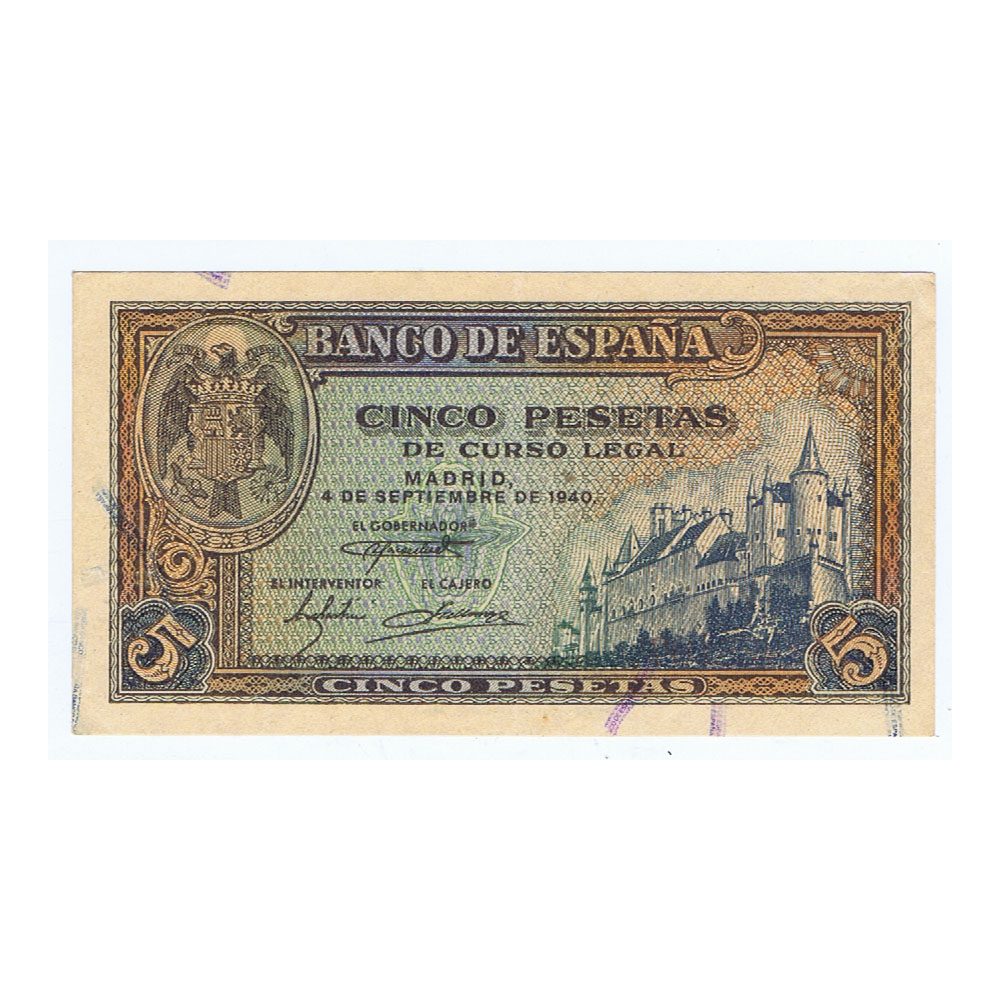 (1940/09/04) Madrid. 5 Pesetas. EBC. Serie J1422169  - 1