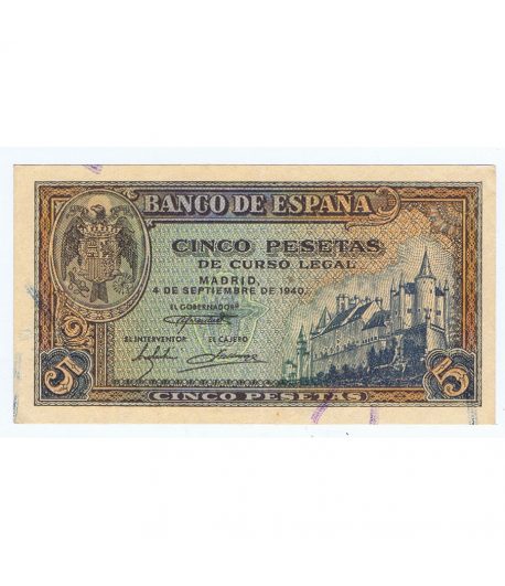 (1940/09/04) Madrid. 5 Pesetas. EBC. Serie J1422169  - 1