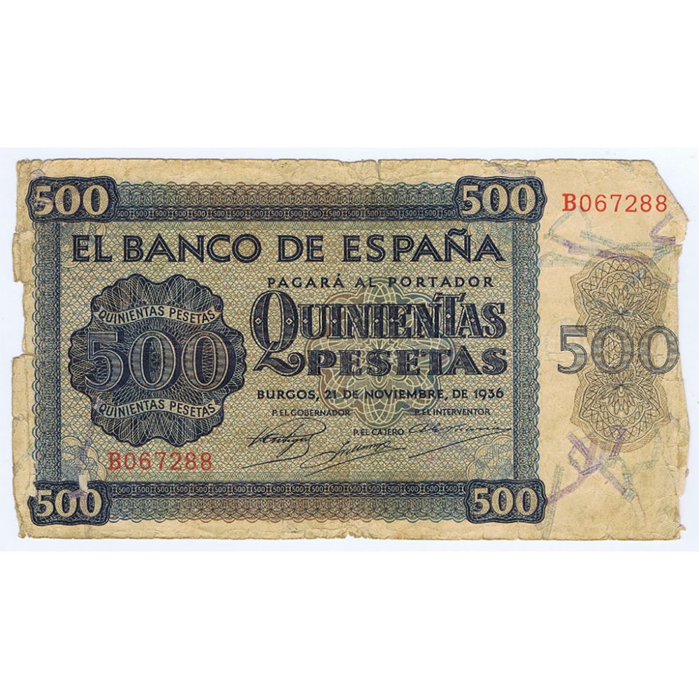 (1936/11/21) Burgos. 500 Pesetas. BC. Serie B067288  - 1