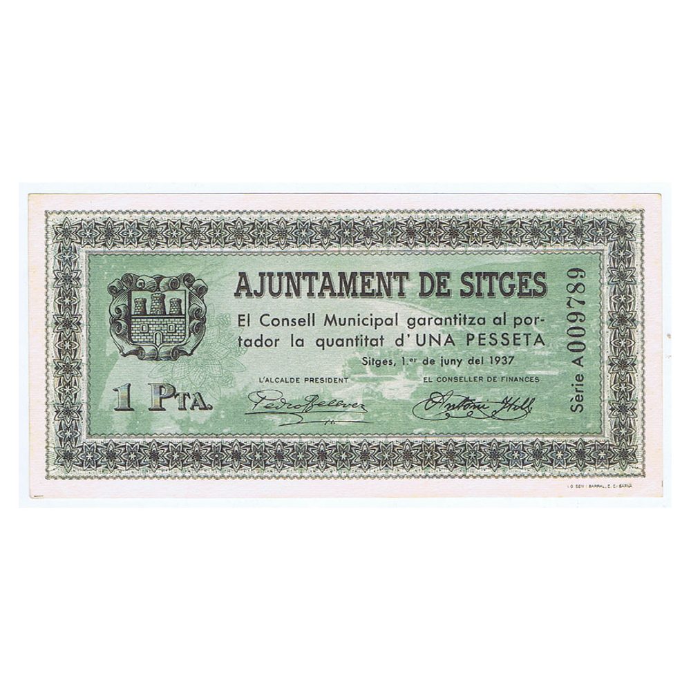 Billete de 1 Pesseta Ajuntament de Sitges 1937. SC  - 1