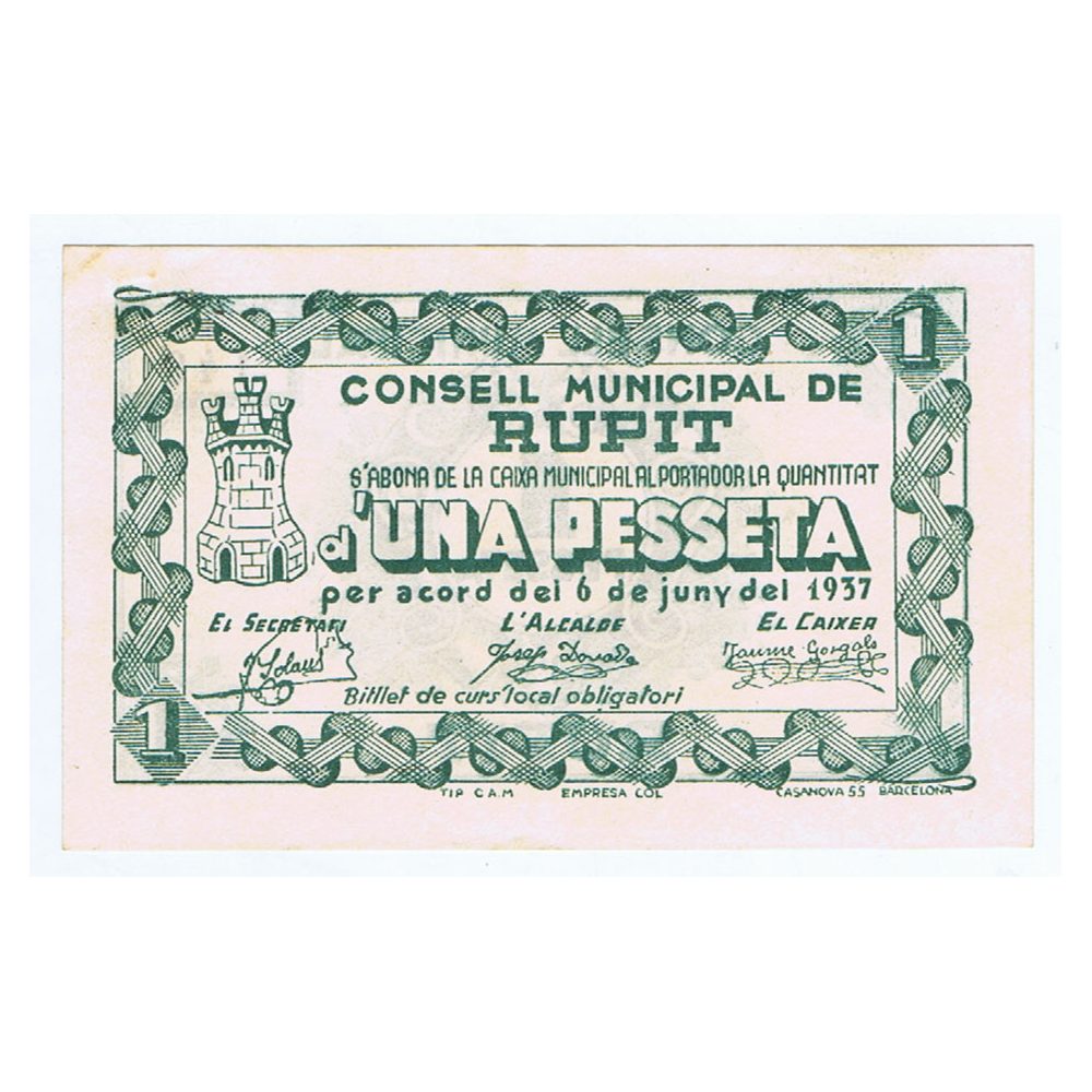 Billete 1 Pesseta Consell Municipal Rupit 1937. SC  - 1