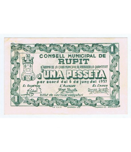 Billete 1 Pesseta Consell Municipal Rupit 1937. SC  - 1