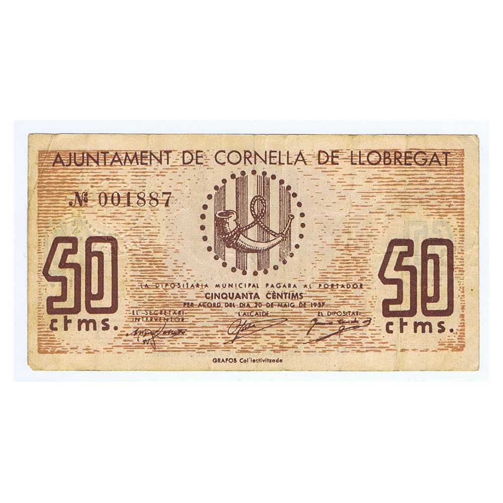 Billete de 50 cèntims Ajuntament de Cornellà de Llobregat 1937.  - 1