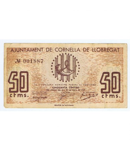 Billete de 50 cèntims Ajuntament de Cornellà de Llobregat 1937.  - 1