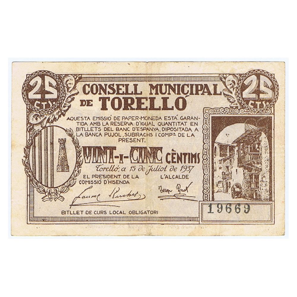 Billete de 25 Céntims Consell Municipal Torelló 1937.  - 1