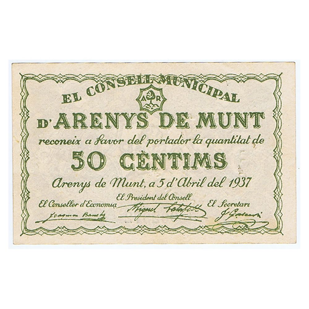 Billete 50 Céntims Consell Municipal Arenys de Munt 1937  - 1