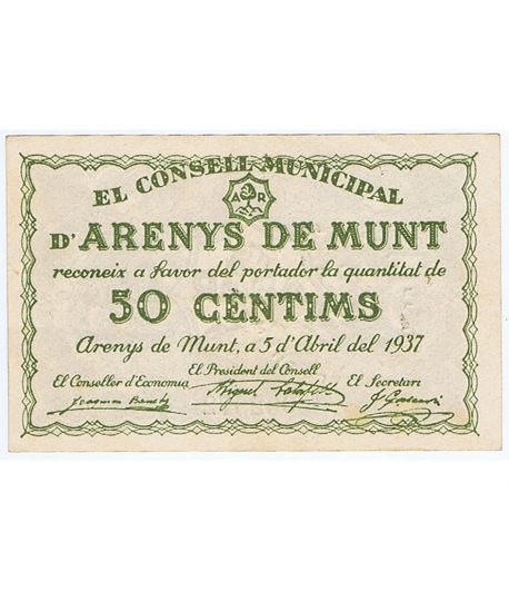 Billete 50 Céntims Consell Municipal Arenys de Munt 1937  - 1