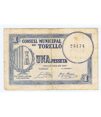 Billete de 1 Pesseta Consell Municipal Torelló 1937.  - 1