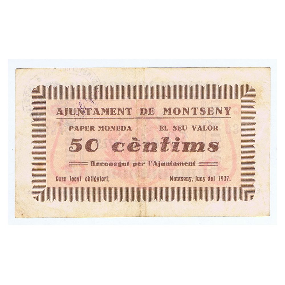 Billete de 50 cèntims Ajuntament de Montseny 1937.  - 1