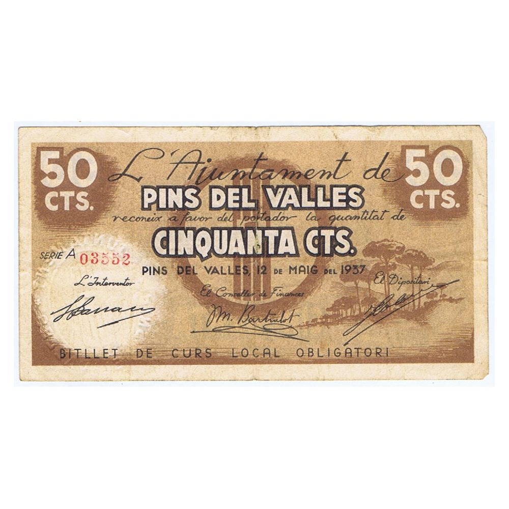 Billete de 50 cèntims Ajuntament de Pins del Valles 1937.  - 1