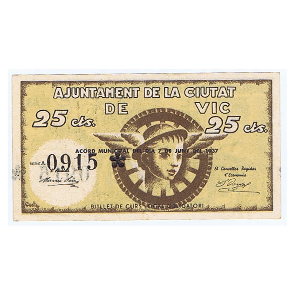 Billete de 25 cèntims Ajuntament de la Ciutat de Vic 1937.  - 1