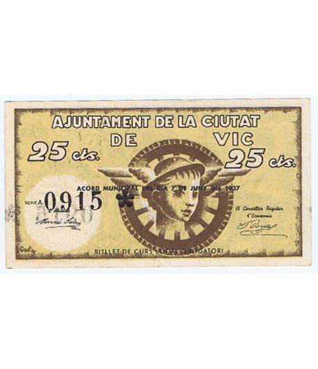 Billete de 25 cèntims Ajuntament de la Ciutat de Vic 1937.  - 1