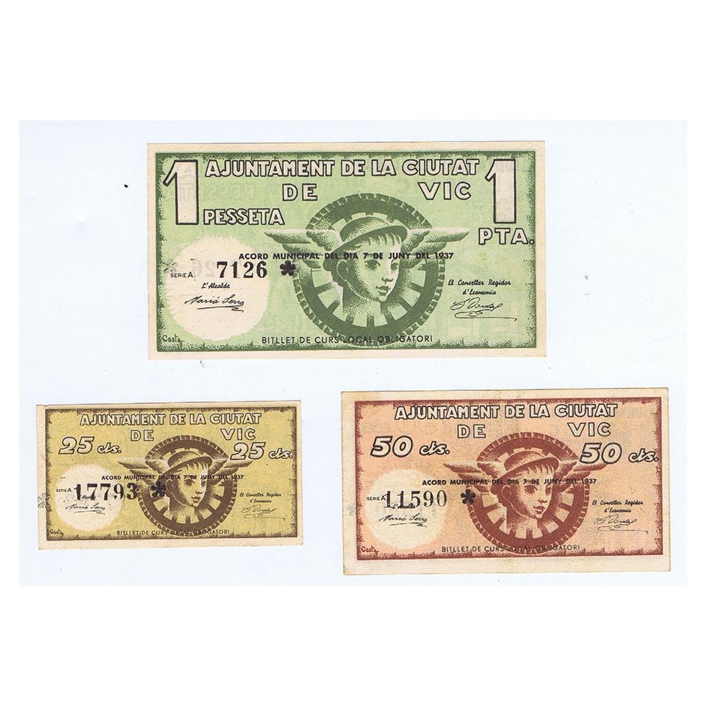 Billetes Ajuntament de la Ciutat de Vic 1937. 3 billetes  - 1