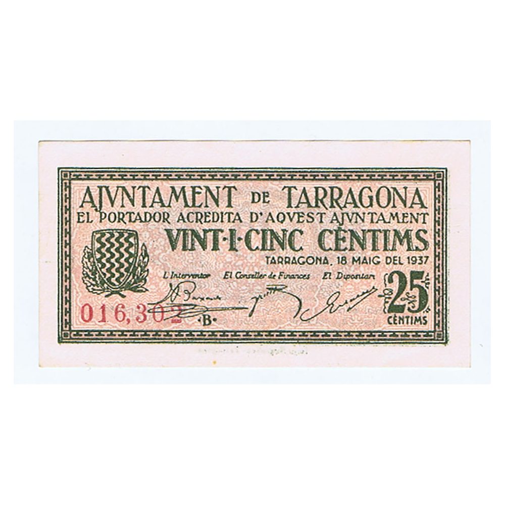 Billete de 25 cèntims Ajuntament de Tarragona 1937. SC  - 1