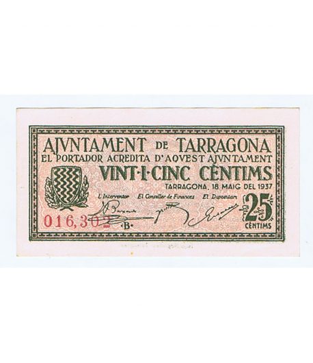 Billete de 25 cèntims Ajuntament de Tarragona 1937. SC  - 1