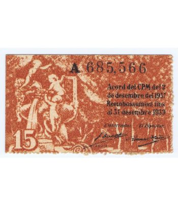 Billete 15 céntims Ajuntament de Barcelona 1937. Serie A  - 2