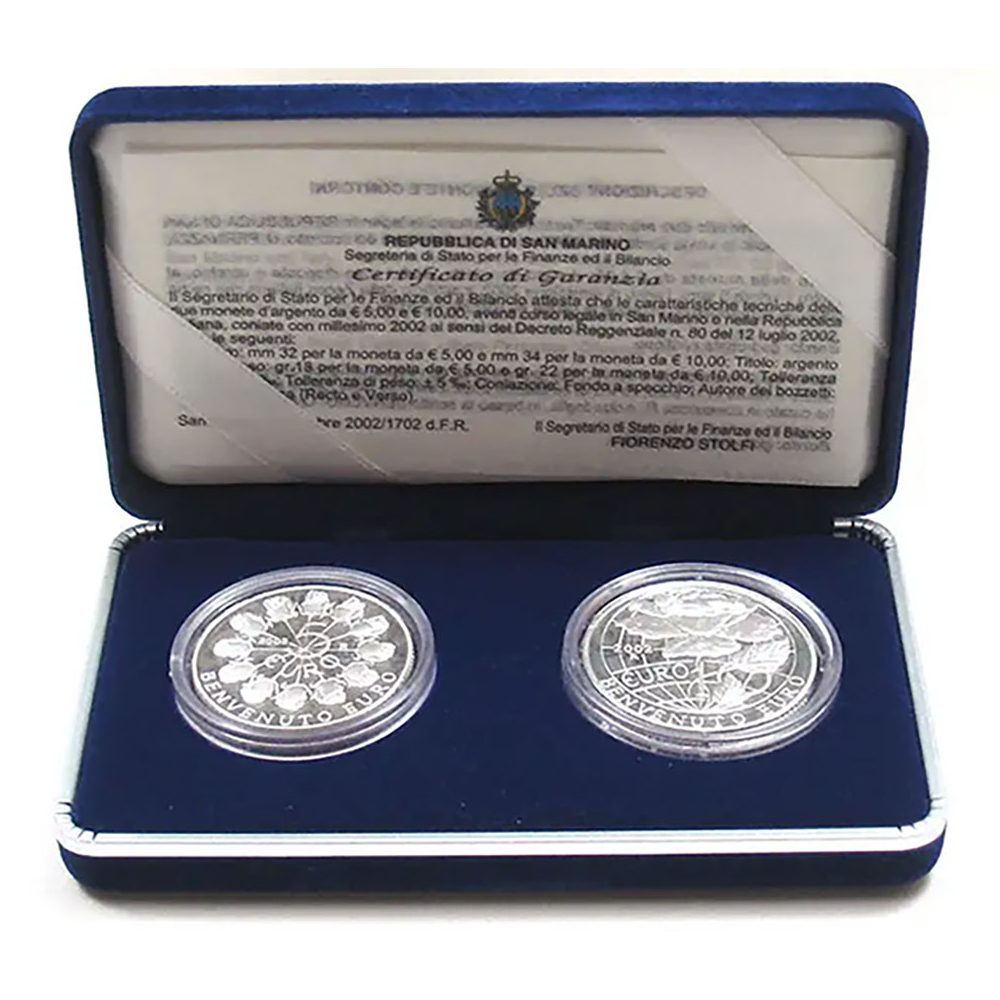 Estuche monedas San Marino 5 y 10 Euros 2002. Plata Proof  - 1