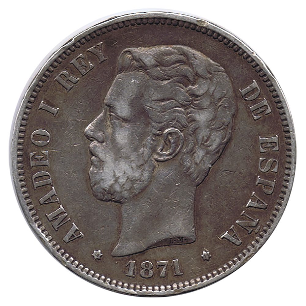 Moneda de España 5 Pesetas Plata 1871 *71 Amadeo I SD M.  - 1