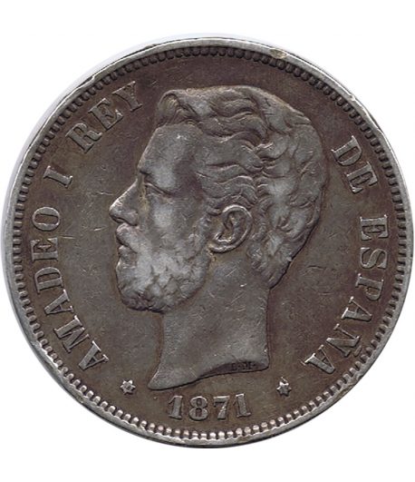 Moneda de España 5 Pesetas Plata 1871 *71 Amadeo I SD M.  - 1